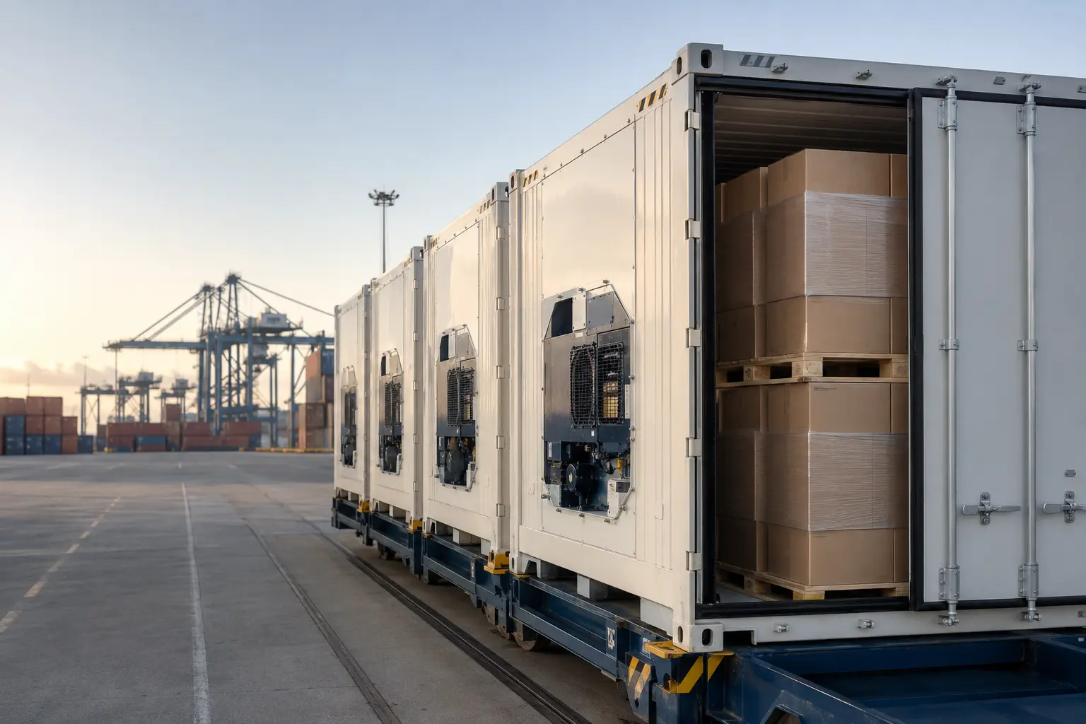 Reefer containers and palletised food cartons at a European port